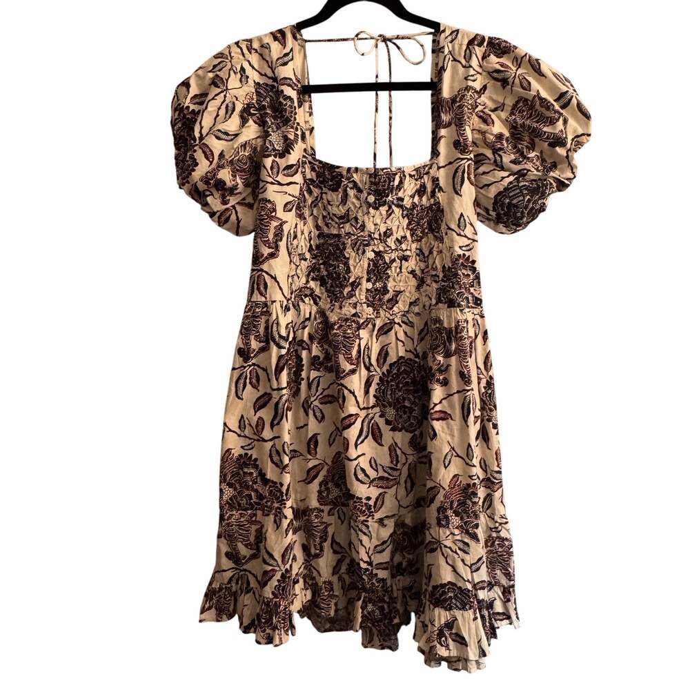 New House of Harlow 1960 Floral Dress White Blue Front Button Puff Sleeve Sz L